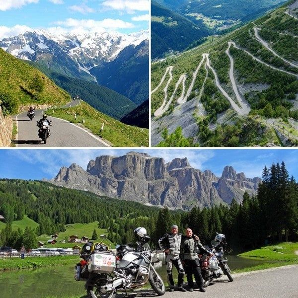 Motorcyclists riding and posing on winding alpine mountain roads